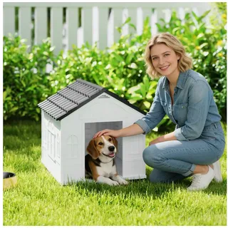 PawHut Hundehütte mit Satteldach Kunststoff Grau 65L x 75,7B x 63H cm
