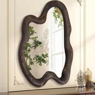 AAZZKANG Großer Vintage-Wandspiegel mit Holzrahmen, unregelmäßige Hängespiegel, 70 x 50 cm, asymmetrisch, für Badezimmer, Schlafzimmer, Wohnzimmer, Eingangsbereich, Braun