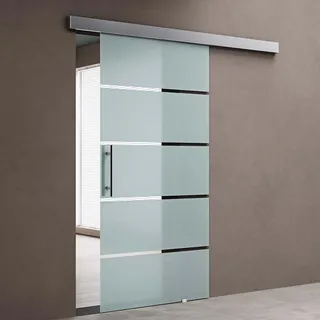 doporro Glasschiebetür Komplettset 90 x 205 cm | 15 mm Wandabstand | Schiebetür mit ESG-Sicherheitsglas | Zimmertür Glas mit 5-Milchglas-Streifen mit Stangengriff | Amalfi-plus 13