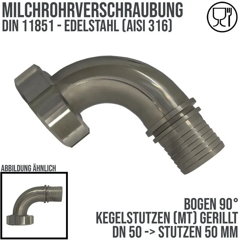 DN 50 Milchrohr Verschraubung DIN 11851 Mutterteil 90° Bogen Kegel Stutzen Siche...