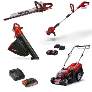 Einhell Akku-Garten-Set Power X-Change (18 V, inkl. Heckenschere, Rasentrimmer, Rasenmäher, Laubsauger, 2X 4,0 Ah & 2,5 Ah Akku, Ladegerät)