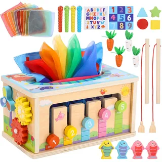 Yulado Montessori Spielzeug ab 1 2 3 Jahr,6-in-1 Tücherbox mit Knistertuch, Motorikwürfel Holzspielzeug,Kinder Holzspielzeug Motorikspielzeug ab 1 Jahr