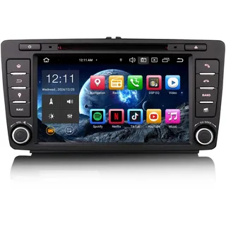 Erisin 8 Zoll Android 14 8-Kern 4GB+64GB Autoradio Bluetooth GPS Navigation für Skoda Superb Octavia Rapid Yeti Roomster Unterstützt CarPlay Android Auto WiFi DSP DAB+USB FM RDS CD DVD DTV OBD2 Canbus