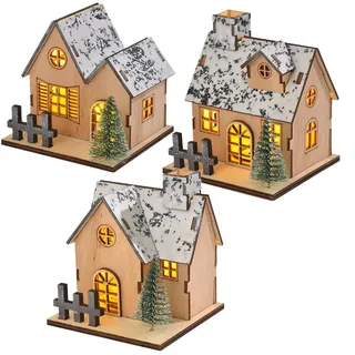 Weihnachtsdeko Holz Mit LED Lichtern, Weihnachtshaus Beleuchtet Aus Hochwertigen Holzmaterialien, Weihnachtsdeko Batterien Betrieben, Christbaumschmuck Holz LED Deko Weihnachten Tischdeko (SET)