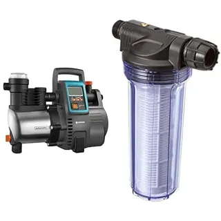Gardena Premium Hauswasserautomat 6000/6E LCD Inox: Hauswasserpumpe & 01730-20 Pumpen-Vorfilter 180 mm x 33,25 mm (1) AG, 30,3 mm (1) IG Kunststoff, Standard, bis zu 6000 l/h