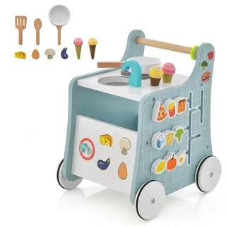 FANTASK 6 in 1 Lauflernwagen aus Holz mit Spielküche, Lauflernhilfe mit Formverstellung & beweglichem Schieber in blau, Kinderküche Lauflernwagen mit Rädern für Kinder ab 1 Jahr