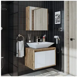 roomart • Badmöbel Set • Atlantic • 3-teilig • Keramik Waschbecken mit Unterschrank 65 cm, Spiegelschrank 60 cm (Weiß - Eiche, 65 cm)