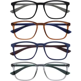 OPULIZE Max Lesebrille 4 Pack - Klassische große rechteckige Fassung - Brillen in mattem Schwarz, Braun, Blau & Grau - Herren Damen Unisex - RRRR78-1237 - +1,00
