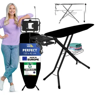 NUR FÜR Kurze Zeit! STAHLMANN ® großes Bügelbrett [120x38 Bügelfläche] mit Kleidungsplatte – robuster Bügeltisch – extra stabiles Bügelbrett [Made IN EU] – Tischbügelbrett