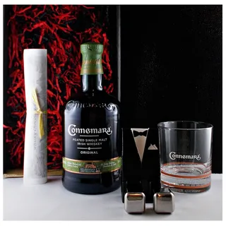 Connemara irischer Whiskey + 1 Original Glas + 2 Kühlsteine im Smoking Geschenk