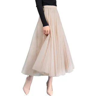 Geagodelia Tüllrock Damen Elegant Weiche Lange Sommerrock Maxirock Vintage Tütü Tüll Rock One Size 36/38/40 F-46925 (Beige) - 36-40