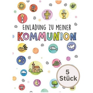 Perleberg Einladungskarte Kommunion in Premium-Qualität 5 Stück - edle Einladung zur Kommunion inkl Umschlag - schicke Kommunion Einladungskarten Mädchen & Jungen mit Symbolen 10,5 x 14,5 cm