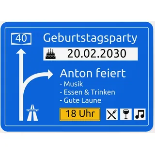 Geburtstag Einladungen Blau online gestalten und bestellen - Autobahnschild | Wunderkarten.de