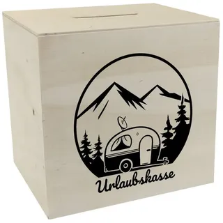 speecheese Spardose Urlaubskasse Spardose aus Holz in schwarz weiß mit Wohnwagen Camping
