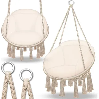 tillvex Hängesessel Beige mit großem Kissen 200kg zum Aufhängen | Hängestuhl Indoor & Outdoor | Hängekorb wetterfest | Schaukelkorb - Beige
