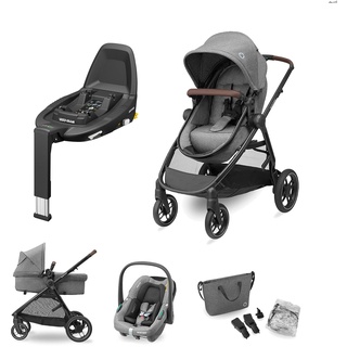 Maxi-Cosi Zelia S Trio Kinderwagen 3 in 1 Set, FamilyFix 3 ISOFIX Basisstation Bundle - Kinderwagen Travel System inkl. CabrioFix S i-Size Autositz, 0-4 Jahre, bis 22 kg, Grau + FamilyFix3, Black