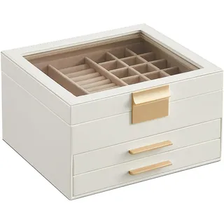 SONGMICS GISELLA Kollektion - Schmuckkästchen mit Glasdeckel, Schmuckkasten mit 3 Ebenen, Schmuckbox, 2 Schubladen, Schmuckaufbewahrung, modern, Geschenkidee, wolkenweiß-golden JBC239WTV1