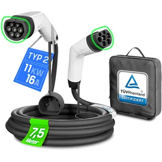 ZMC Typ 2 Ladekabel 11KW, 7,5m, 16A, 3-phasig, für Hybrid & EV Elektroauto, PHEV, kompatibel mit Model 3/S/X/Y & Allen Typ-2-Fahrzeugen, TÜV-Zertifiziert, wetterfest, langlebig, inkl. Kabeltasche