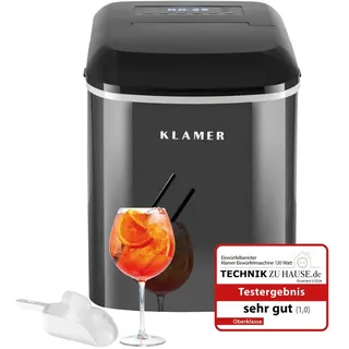 Klamer Eiswürfelmaschine, 10 Eiswürfel in 7-9 Minuten, 15 kg Eiswürfel pro Tag, 2 Eiswürfelgrößen, 2,1 L Wassertank, 120 W Ice Maker mit Eisschaufel - Schwarz