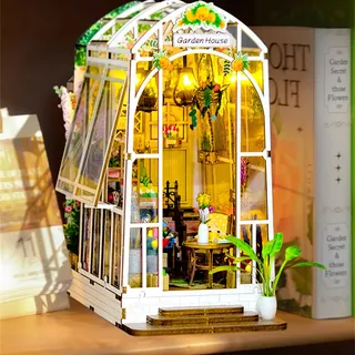 DIY Book Nook Kit Gartenhaus mit Möbeln und LED Lampe,Miniatur Haus,3D Puzzle Booknook Modellbausatz,Diorama Modelbau für Erwachsene,Bücherregal für Deko, für Geburtstag