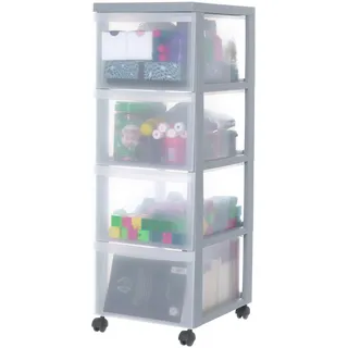 Iris Ohyama Kunststoff-Schubladenbox mit Rollen, 4 tiefen Schubladen, Grau, Griffe zum Ziehen, Für Schlafzimmer, Bad, Schule & Büro, BPA-frei, Schubladenschrank, Rollcontainer, A4 Drawer, DC-304