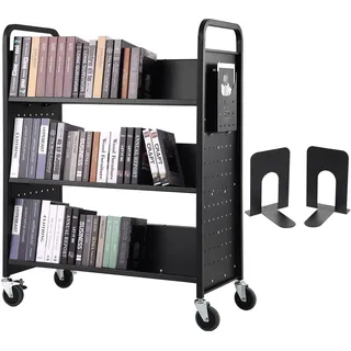 Vevor Bibliothekswagen 1000 x 510 x 1250 mm Abräumwagen 3 Regale Bücherwagen Kohlenstoffstahl + kaltgewalzte Stahlplatte Servierwagen 150 kg Gewichtskapazität (50 kg pro Regal) inkl. 2 Buchstützen