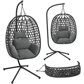 STEELSØN Hängesessel Sarin mit Sitzkissen (grau), Rattan Korb & metall Gestell, Indoor & Outdoor geeignet schwarz