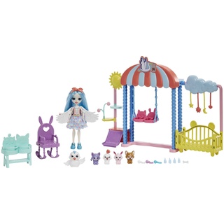 Enchantimals Baby Best Friends Tierbaby-Hort - Puppenset mit Bettchen, Schaukel-Set, Doppel-Hochstuhl, Kratzbaum, Mobile, 5 Tierfreunden, für Kinder ab 4 Jahren, HLH23
