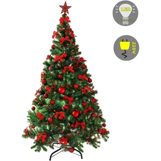 Weihnachtsbaum Christbaum Tannenbaum 210 cm mit Deko in rot Lichterkette mit FB
