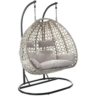 Kobolo Hängekorb Hängesessel Polyrattan für Zwei Personen inkl Gestell und Kissen Beige Innenbereich geschützter Außenbereich