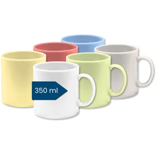 Kaffeebecher Kunststoff (6er Tassen Set, Groß, Bunt, 350ml) - Becher aus Plastik mit Henkel für Camping - Trinkbecher Kinder und Senioren (Mehrweg - BPA frei - Spülmaschinenfest - Für Mikrowelle)