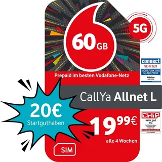 Vodafone Prepaid CallYa Allnet L | 60 GB | 20 EUR Startguthaben | ohne Vertrag | 5G-Netz | Telefon- SMS-Flat | EU-Roaming