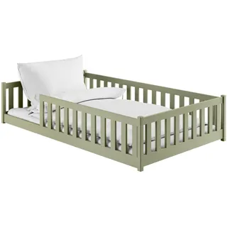 Kids Collective Bodenbett 120x200 cm Kinder & Lattenrost Montessori Bett Bed Gitterbett Jugendbett Einzelbett | Olivgrün Holz, massiv Junge Mädchen 120x200cm Grün
