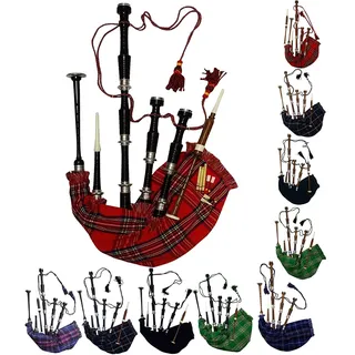 Schottischer Dudelsack in voller Größe, Palisanderholz oder braunes Finish mit silberfarbenen Halterungen, inklusive Anleitungsbuch, Tragetasche, Drohne, Schilfrohr (schwarz, Royal Stewart)