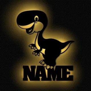 Namofactur Dino nachtleuchtend Kinderzimmer Wandlampe Nachtlicht Holz Led Lampe Licht Modell mit Namen personalisiert I Batteriebetrieb