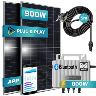 SUNNIVA® 900W Balkonkraftwerk 800W komplett Steckdose - Ecoflow Stream 800W Wechselrichter - PV Solaranlage - 2x 450W (900W) Solarmodule - 5m Kabel - WIFI