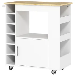 Homcom Küchenwagen mit Arbeitsplatte aus Holz, Ablagen, Weinregalen, Servierwagen, Küchenschrank auf Rollen mit Soft-Close-Scharnieren, Griff, Kücheninsel, 83x40x83cm, Eiche Metall, Nachbildung,Kautschukholz, Rechteckig, 40x83x83 cm,