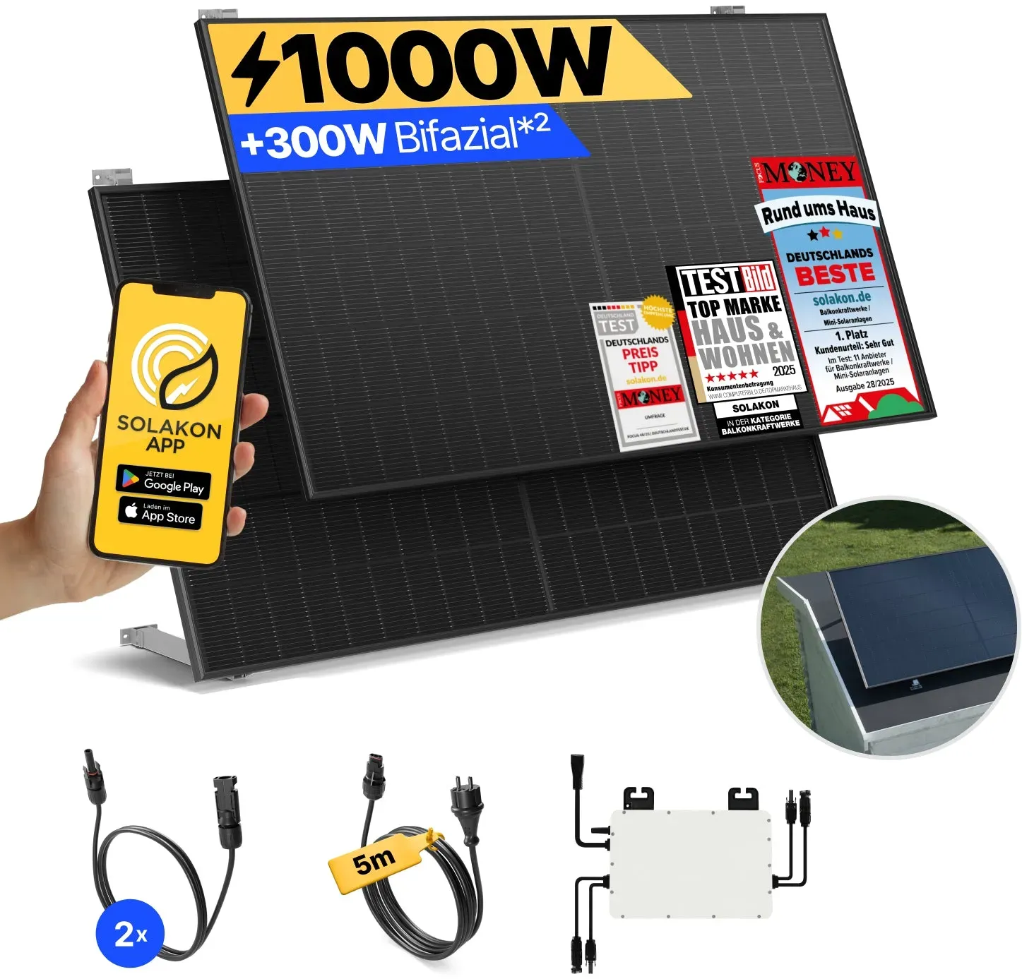 onBasic: 1000 Watt Balkonkraftwerk - Gartenhaus / ohne Speicher / 5m