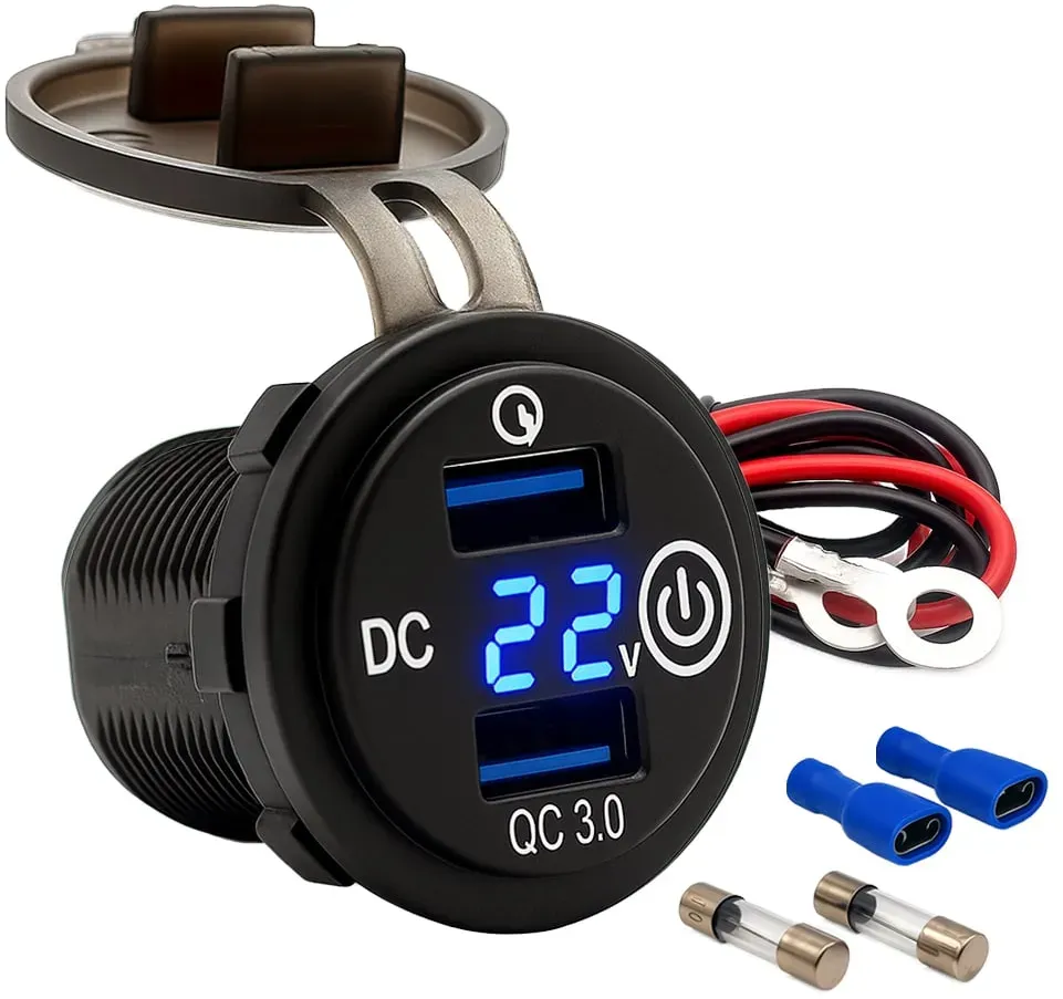 Offgridtec USB-Doppelsteckdose 12V/24V 2x 18W Kfz-Ladeadapter mit Spannungsanzeige und Abdeckung