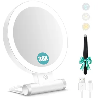 B Beauty Planet Schminkspiegel mit Beleuchtung,Doppelseitiger1X/30X Vergrößerungsspiegel mit Licht, 2000mAh 3 Farben Beleuchtungsmodi, Einstellbare Helligkeit, Faltbarer Kompakter Makeup Spiegel Reisegröße