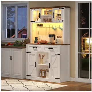 OKWISH Sideboard Buffet-Schrank (Rustikaler Barschrank mit LED-Beleuchtung, USB- & Steckdosenanschlüssen – Scheunentor-Design, verstellbare Regale, 2 große Schubladen – Idealer Stauraum für Weinsammlung, Kaffeebar & Küche – Weißer Buffetschrank) braun 40 cm x 172 cm x 99 cm