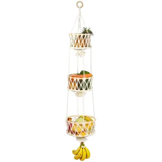 SAUNNIHEN 3 Stöckig Obstkorb Hängend, Bambus Hängekorb Obst, Platzsparend Obst Etagere Hängend Für Küche, Obst Aufbewahrung Hängend (120 cm)