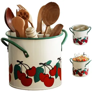 Küchenutensilienhalter Vintage Cherry Lackierter Utensil Caddy mit abnehmbarem Teiler 4 Fach Eisenssil Organizer mit Abflussloch Retro Küchenzubehör