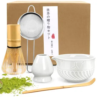 EOPUOZS Matcha Set, Premium Japanisches Tee-Set mit Matcha Schale, Matcha-Besenständer, Bambusbesen und Matcha-Löffel Filterlöffel, 5-teiliges Matcha-Set für Teeliebhaber(Weiß)