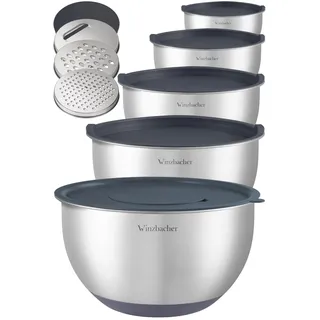 Winzbacher - Schüssel Set aus 304 Edelstahl mit Deckel [5er Set] 1l + 1.5l + 2.5l + 3.5l + 4.5l | Rührschüssel, Salatschüssel | Servierschüssel | rutschfest | stapelbar | inkl. Reibe
