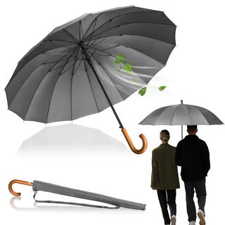 LOGAN & BARNES Stockschirm Sturmfest Ø120cm mit hochwertigem Echtholzgriff und geräuschloser Gummispitze - XXL Regenschirm Groß mit 16 Streben - Modell EDINBURGH (Grau) - Groß