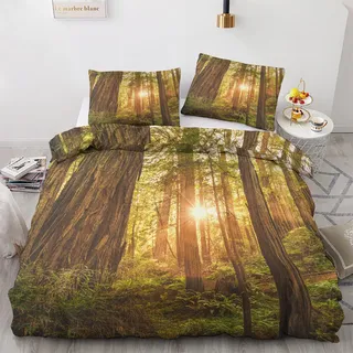 Wald Bettwäsche 135x200 2 teilig - Sonnenaufgang Wald Bettbezug, Sommer Bettwäsche-Sets, Weich & Bügelfrei Mikrofaser Wendebettwäsche und 1 Kissenbezug 80x80 mit Reißverschlus N3-&-236