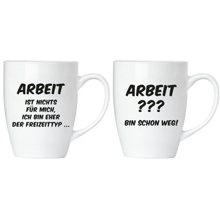 BRUBAKER Tasse Motivtassen "ARBEIT IST ..." und "ARBEIT ???...", Keramik, 2x Kaffeebecher in Geschenkpackung mit Grußkarte - mit Spruch lustig weiß|schwarz