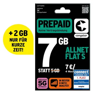 congstar Prepaid ALLNET S SIM-Karte ohne Vertrag I 7 GB Prepaid-Paket in D-Netz Qualität für Einsteiger I 5G mit 25 Mbit/s I Telefonie & SMS Flat in alle dt. Netze I EU-Roaming inkl.