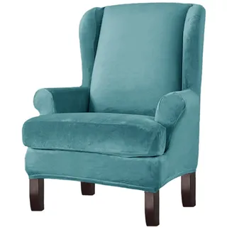 Lukery Ohrensessel Bezug Samt, Feste Farbe Ohrensessel Überzug 2 Teilig Stretch Ohrensessel Überwurf mit Armlehnen Husse für Ohrensessel Sesselbezug Elastisch Sesselschoner (One Size,Blau)